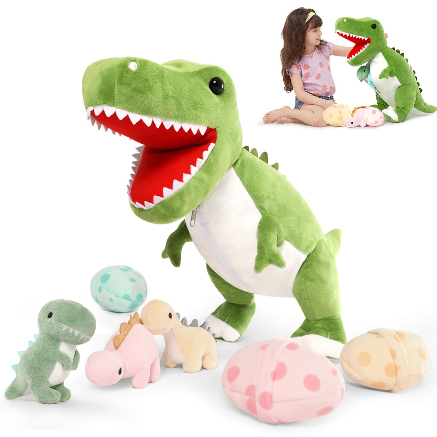 MorisMos Plush Alligator Stuffed Animal with Babies,23.6'' Mommy Stuffed Alligator with 3 Baby Crocodile Animals & 3 Plush Eggs,Lifelike Crocodile Toys for Kid 3-5 Birthday Decor