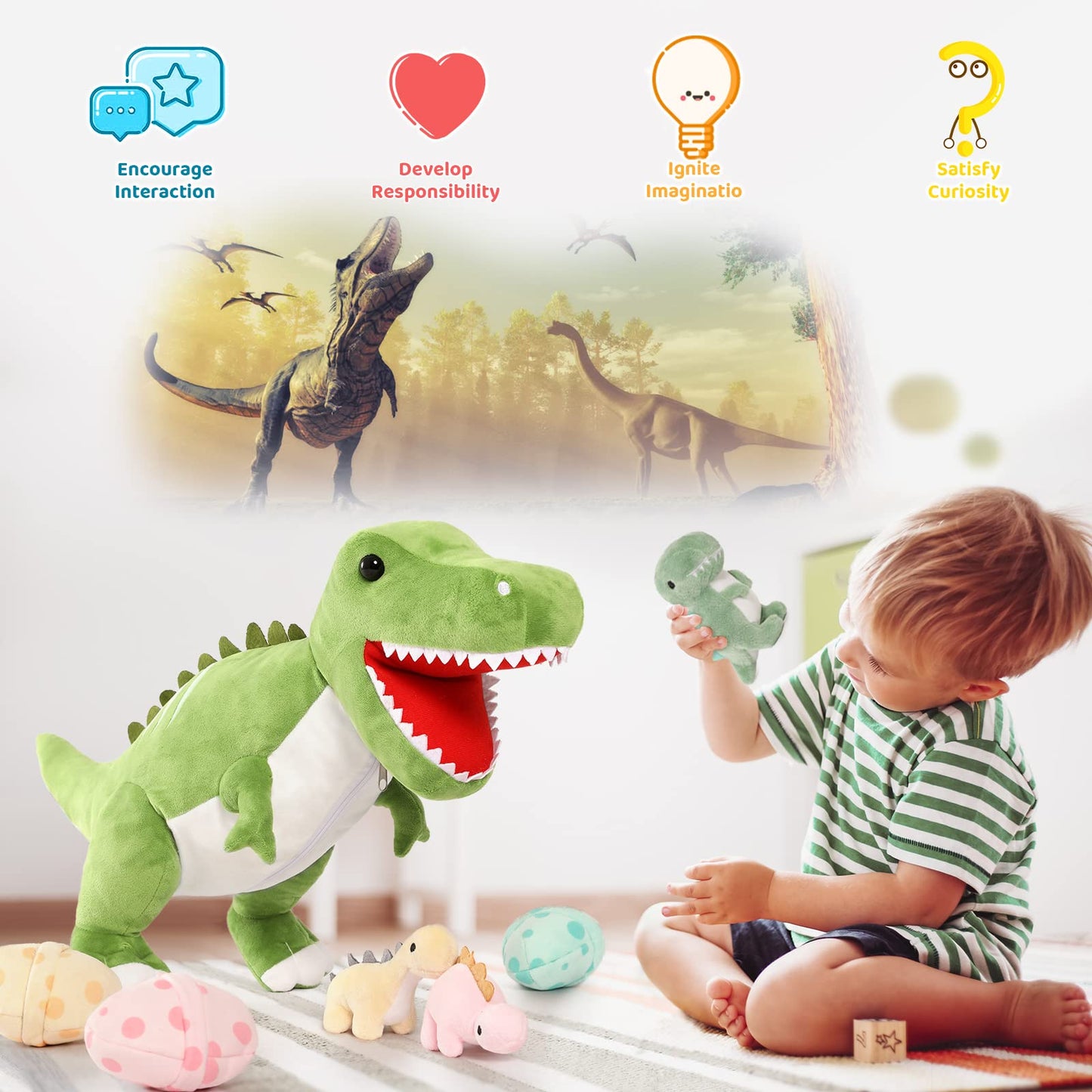 MorisMos Plush Alligator Stuffed Animal with Babies,23.6'' Mommy Stuffed Alligator with 3 Baby Crocodile Animals & 3 Plush Eggs,Lifelike Crocodile Toys for Kid 3-5 Birthday Decor