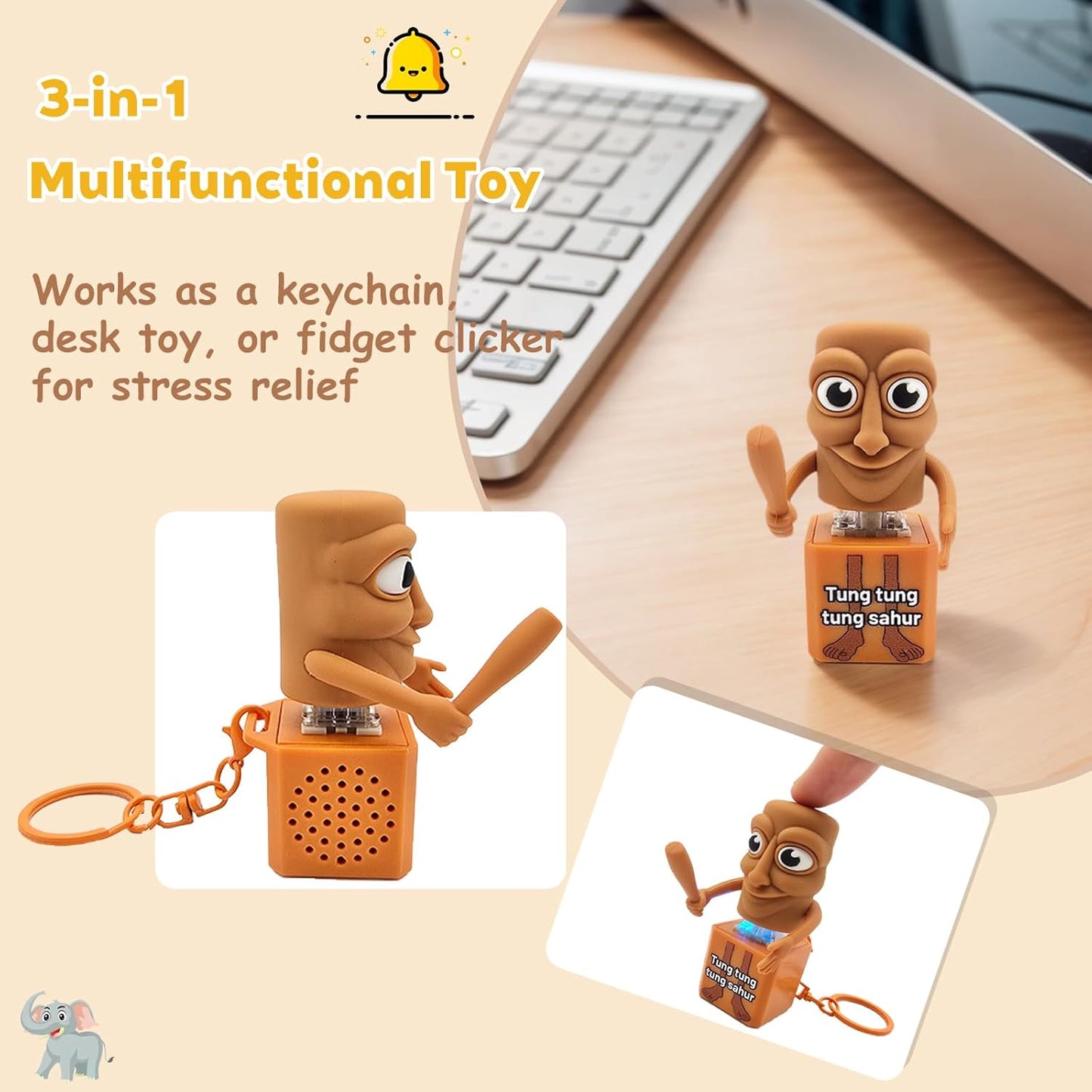 Tung Tung Tung Sahur Keyboard Clicker Fidget Keychain with Sound and LED Light, Italian Brainrot Keychain Toy Stress Relief for Adults(1pcs)