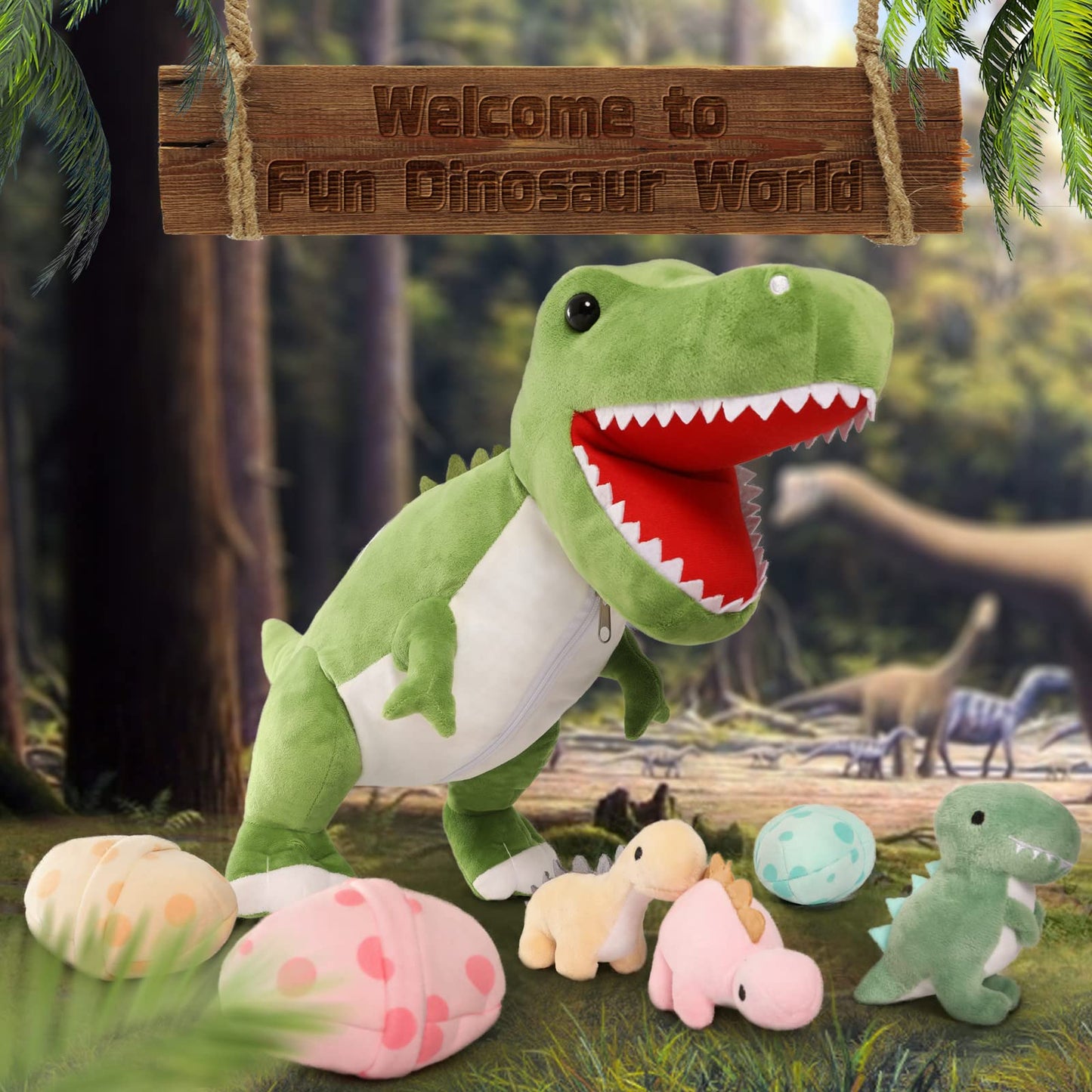 MorisMos Plush Alligator Stuffed Animal with Babies,23.6'' Mommy Stuffed Alligator with 3 Baby Crocodile Animals & 3 Plush Eggs,Lifelike Crocodile Toys for Kid 3-5 Birthday Decor