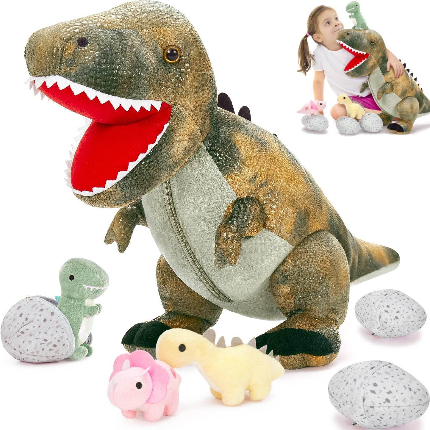 MorisMos Plush Alligator Stuffed Animal with Babies,23.6'' Mommy Stuffed Alligator with 3 Baby Crocodile Animals & 3 Plush Eggs,Lifelike Crocodile Toys for Kid 3-5 Birthday Decor
