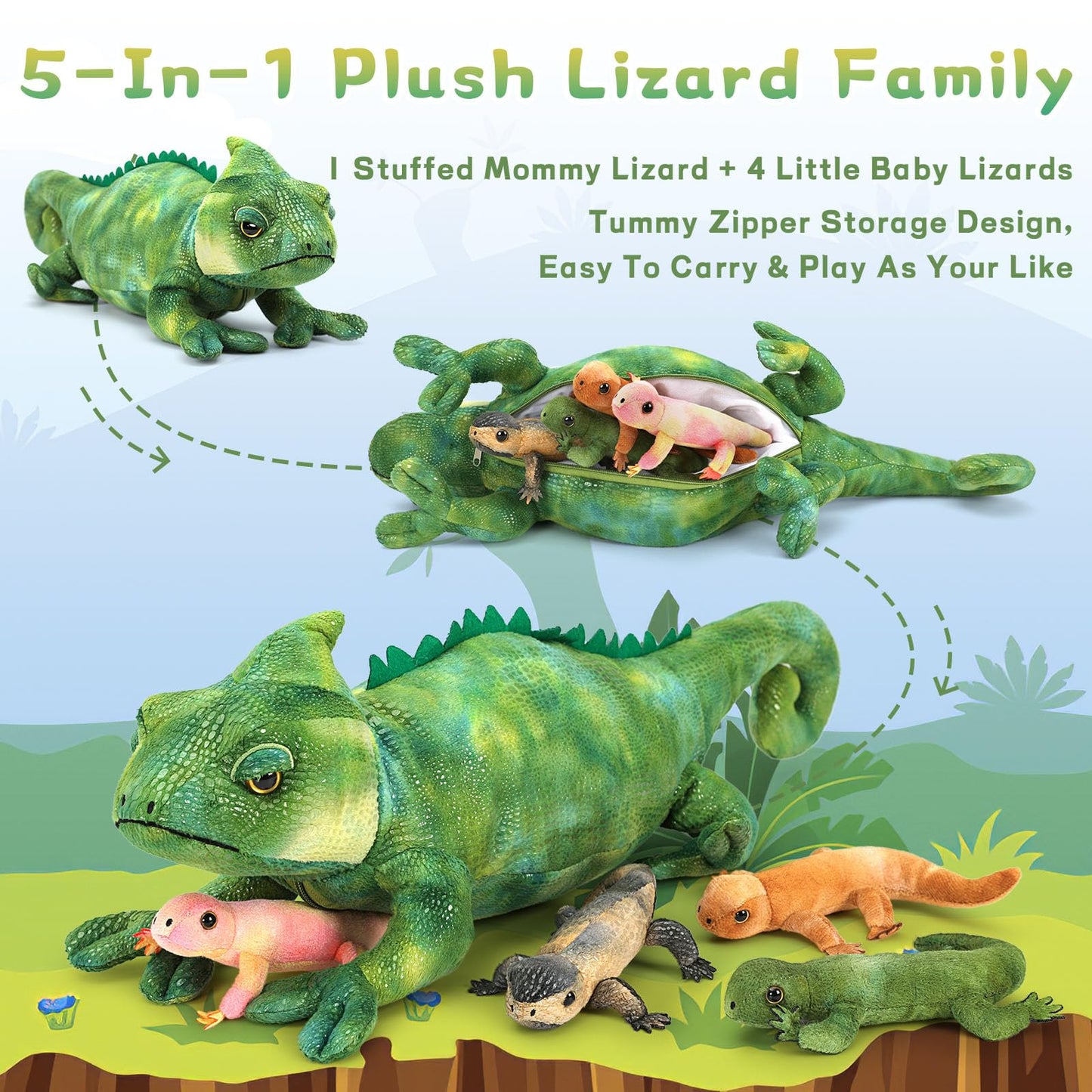 MorisMos Plush Alligator Stuffed Animal with Babies,23.6'' Mommy Stuffed Alligator with 3 Baby Crocodile Animals & 3 Plush Eggs,Lifelike Crocodile Toys for Kid 3-5 Birthday Decor
