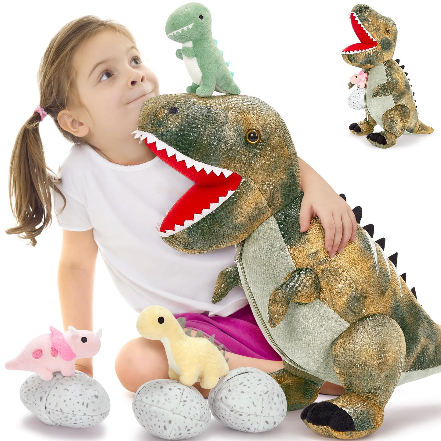 MorisMos Plush Alligator Stuffed Animal with Babies,23.6'' Mommy Stuffed Alligator with 3 Baby Crocodile Animals & 3 Plush Eggs,Lifelike Crocodile Toys for Kid 3-5 Birthday Decor