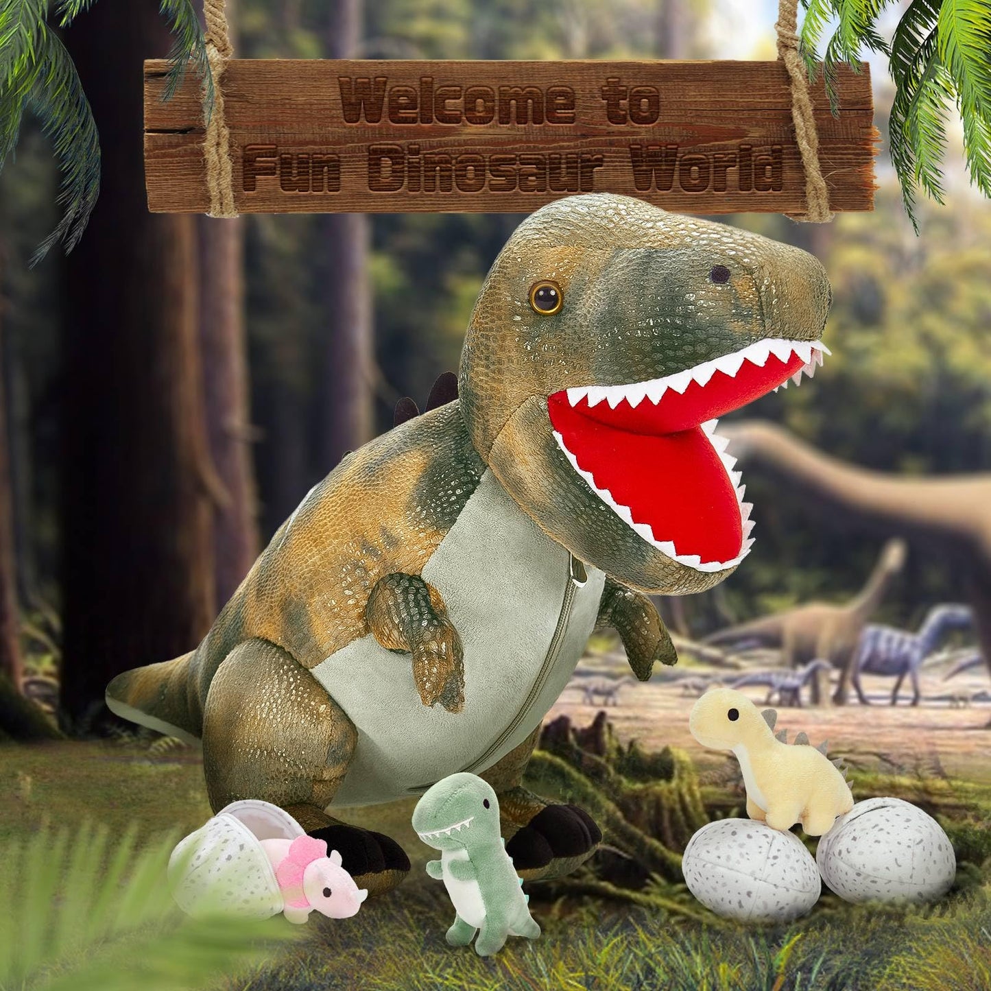MorisMos Plush Alligator Stuffed Animal with Babies,23.6'' Mommy Stuffed Alligator with 3 Baby Crocodile Animals & 3 Plush Eggs,Lifelike Crocodile Toys for Kid 3-5 Birthday Decor